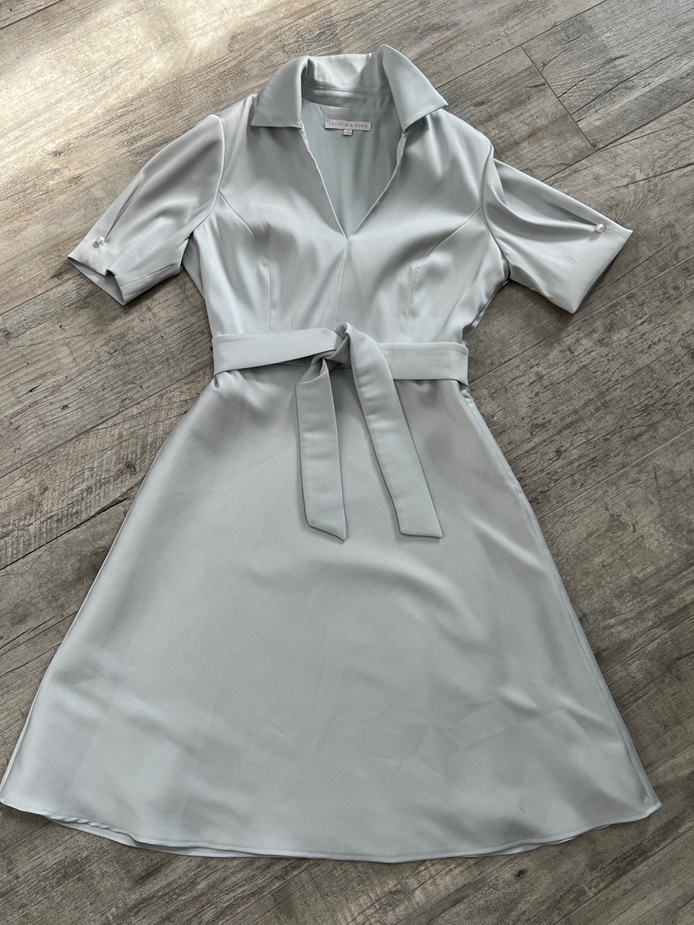 Preston & York Pale Green/Gray Classic Midi Dress w/Tie Belt & pearl detail Sz 8